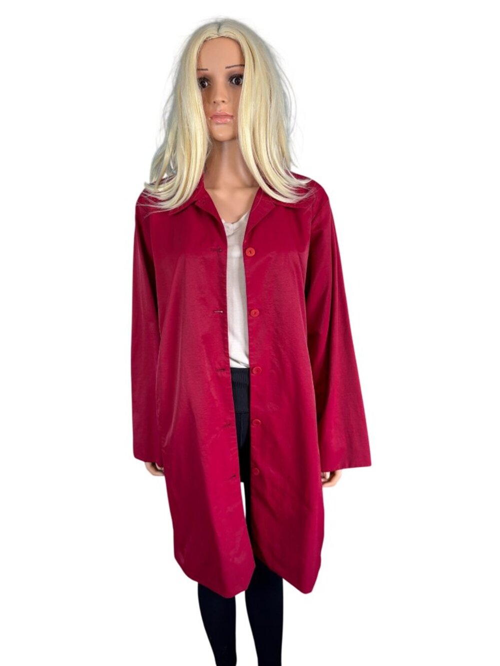 Eileen Fisher L Shimmer Italian Fabric Coat Jacket Trench Lined Red Pockets